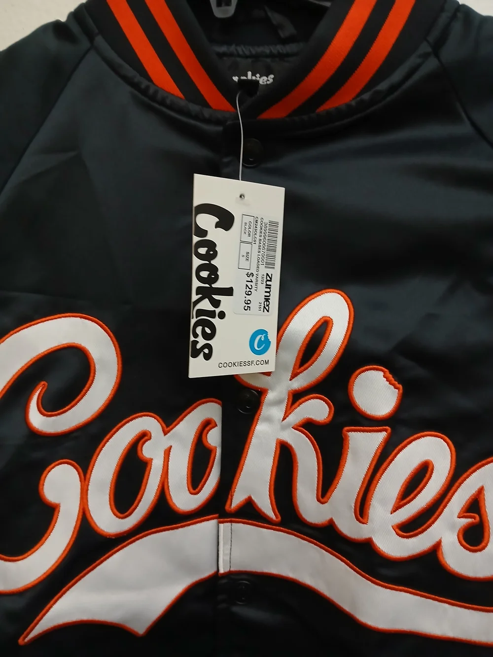 Cookies Black/Orange Satin Jacket with  and White Script Sizes S /M/L New $85 - Picture 6 of 9